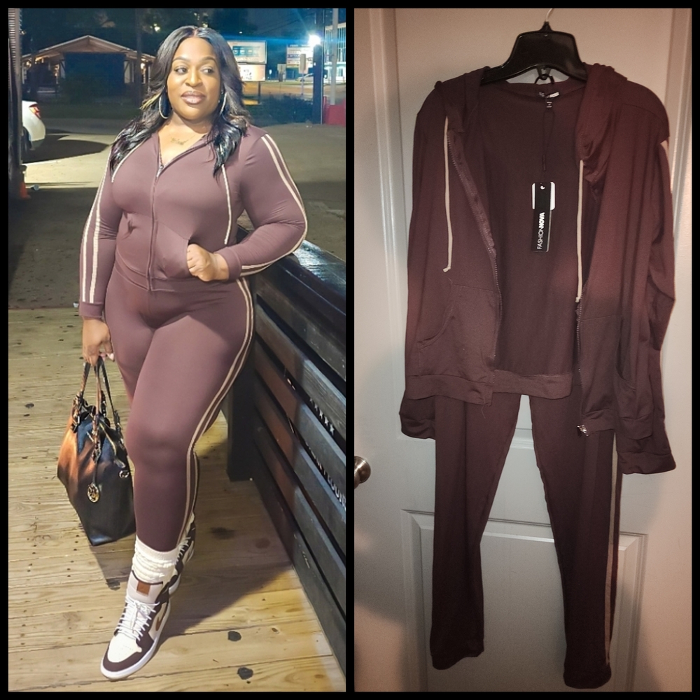 Fashion Nova Brown Tracksuit with White Stripes